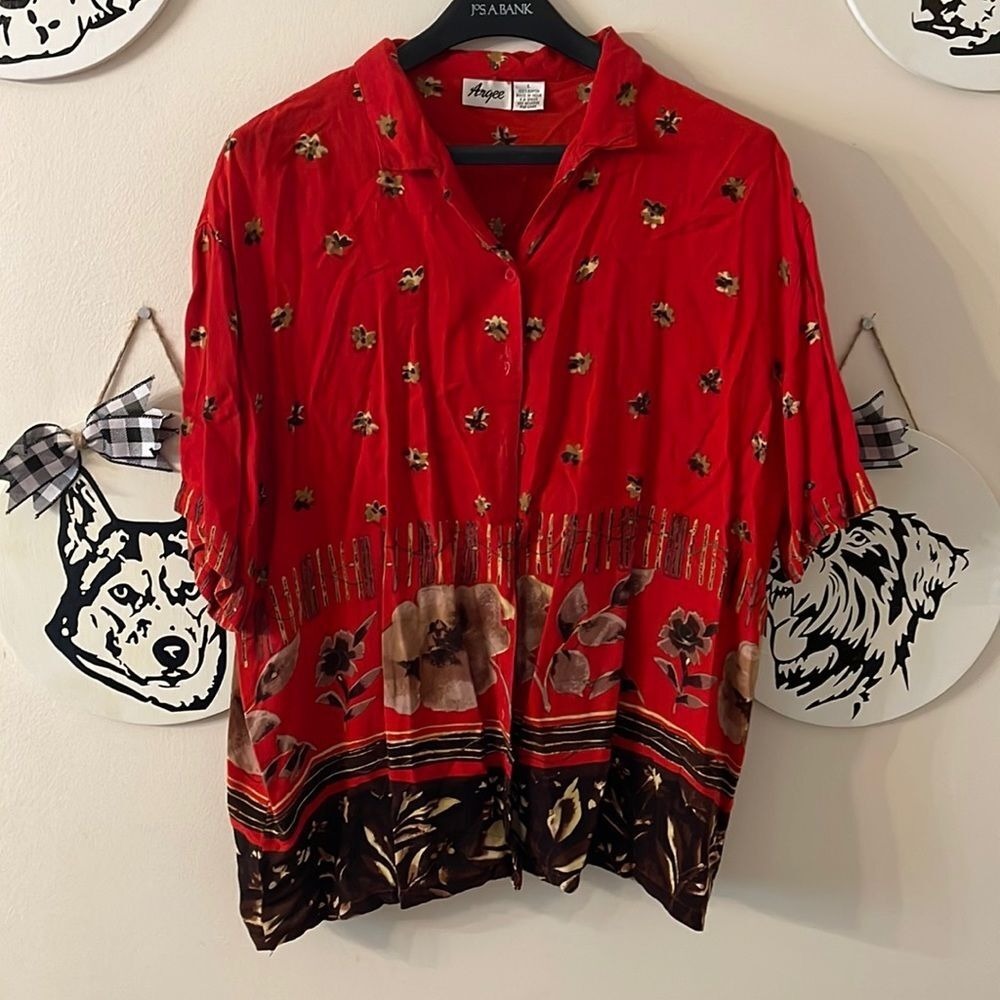 Argee Vintage Red Floral Rayon Short Sleeve Button Up Shirt Large